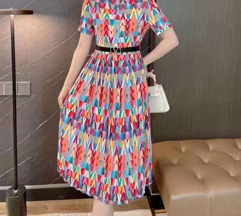 Multicolor Printed Short Sleeve A-Line Midi Dress