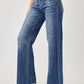 Risen High Rise Frayed Hem Wide Leg Jeans