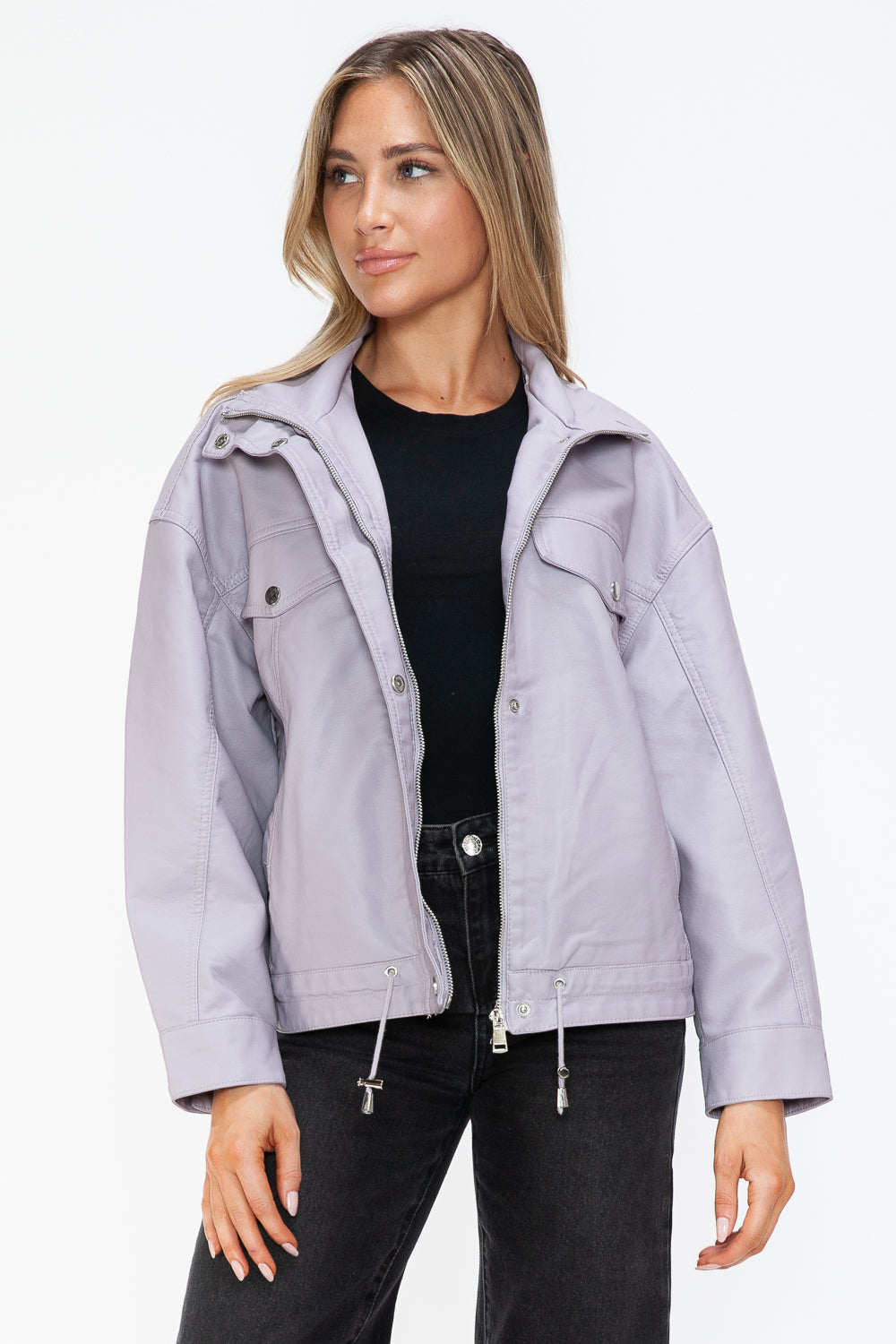 Drawstring Hem PU Leather Zip Up Jacket