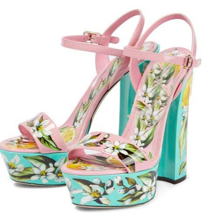 Floral Print Hoof Heel Platform Sandals