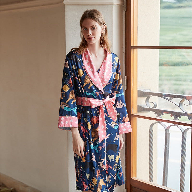 Zodiac Print Simulated Silk Night Dress & Robe Set