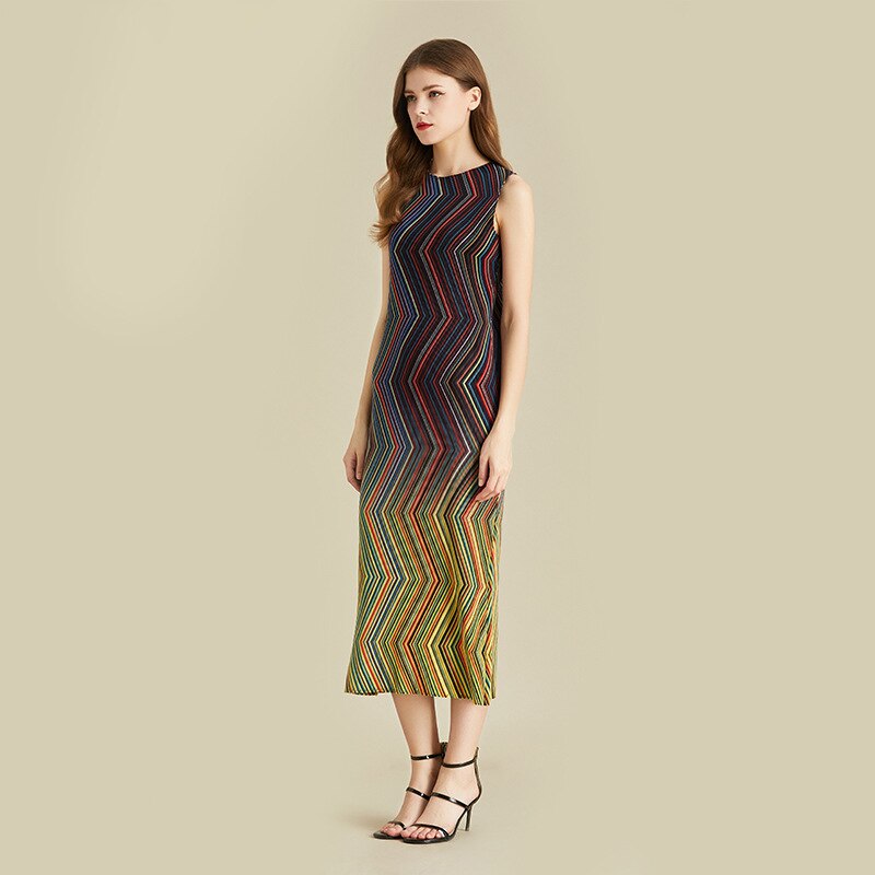 Miyake Pleated Multicolor Striped Midi Dress
