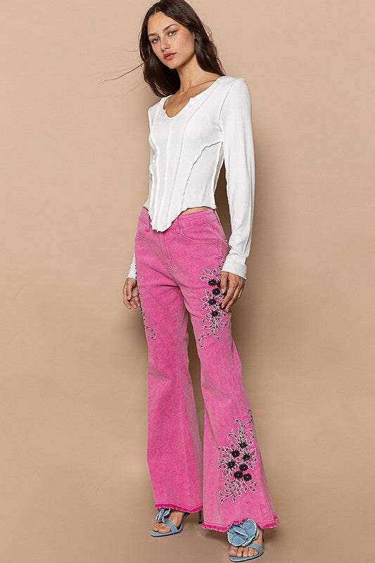 Raw Hem Embroidered Flare Pants