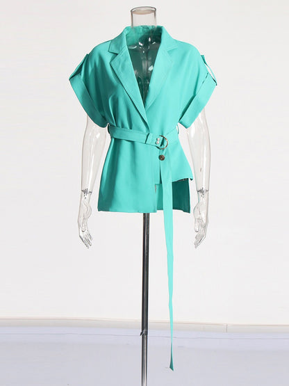 Notched Belted Short Sleeve Top and Wide Leg Pants Set