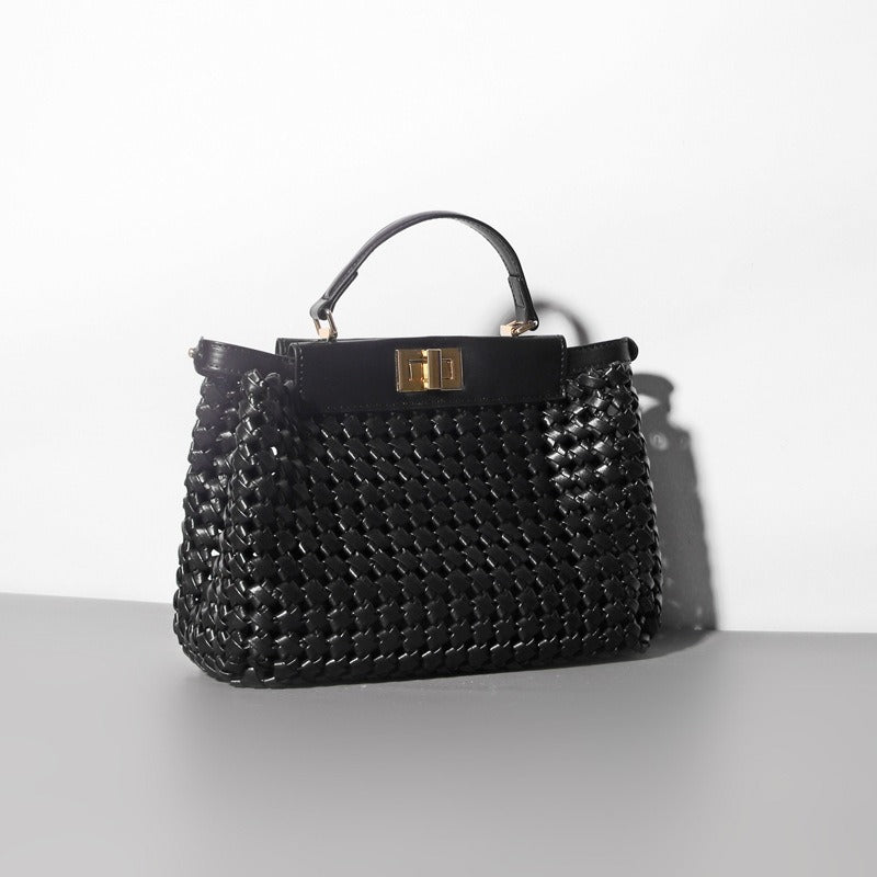 PU Woven Hollow Out Shoulder Handbag