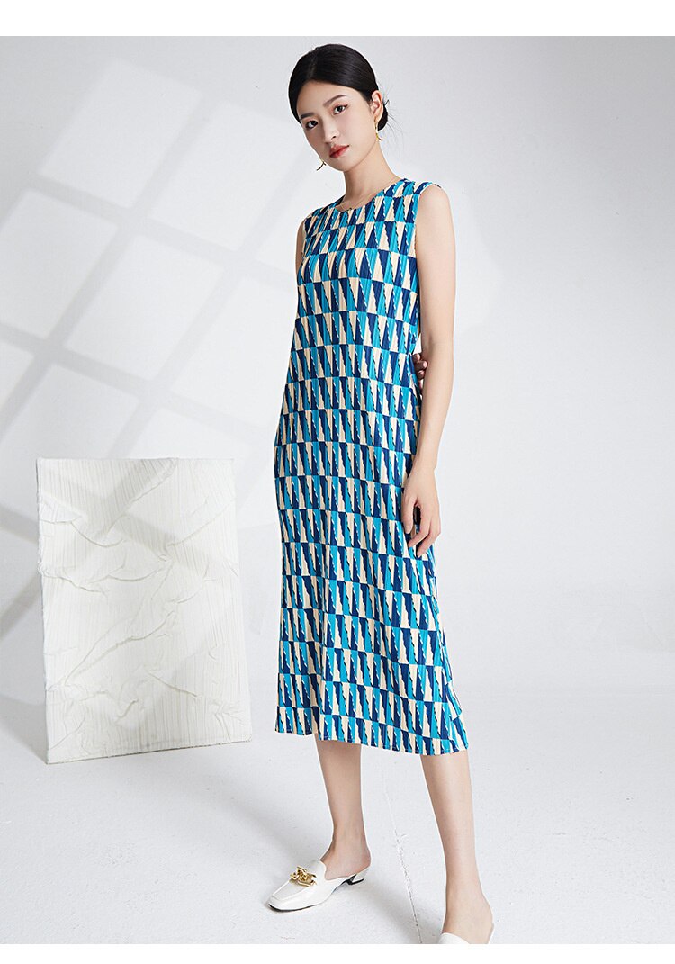 Miyake Pleated Printed Sleeveless Midi Dress