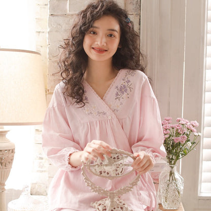 Embroidered Three-Quarter Sleeve Pajama Set