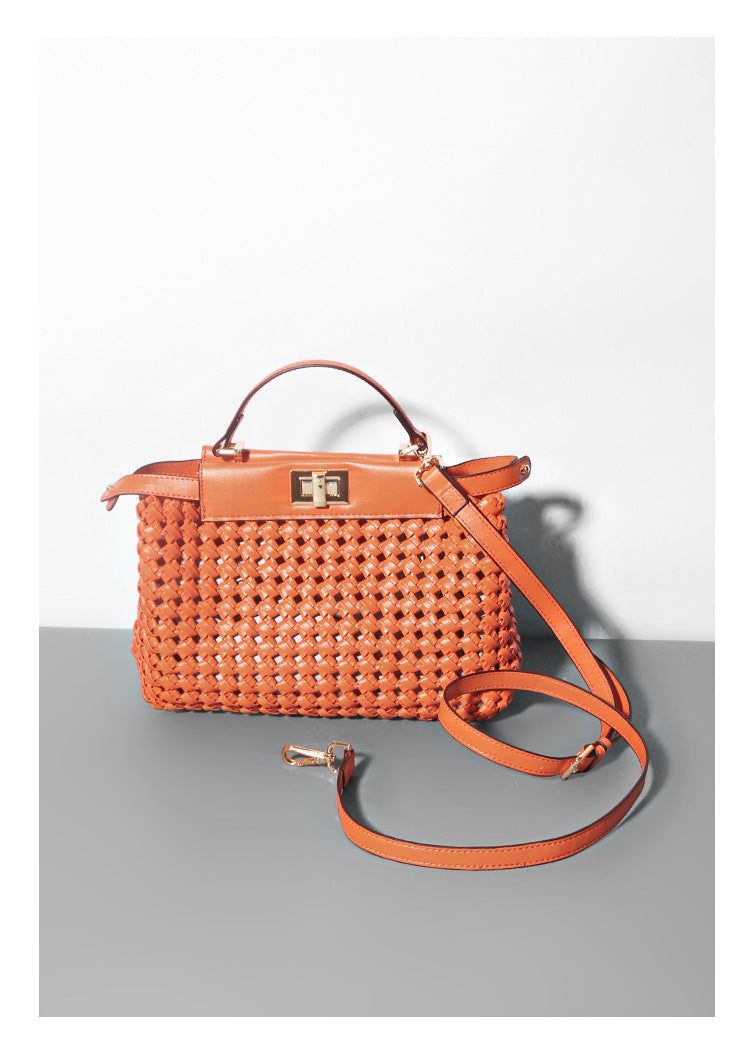 PU Woven Hollow Out Shoulder Handbag