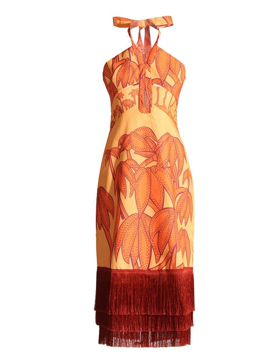 Fringe Trim Halter Neck Maxi Dress