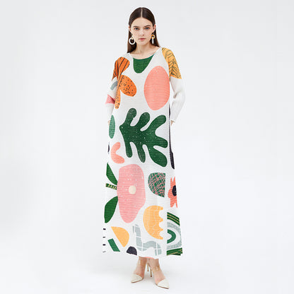 Miyake Pleated Floral Short Sleeve Maxi Dress