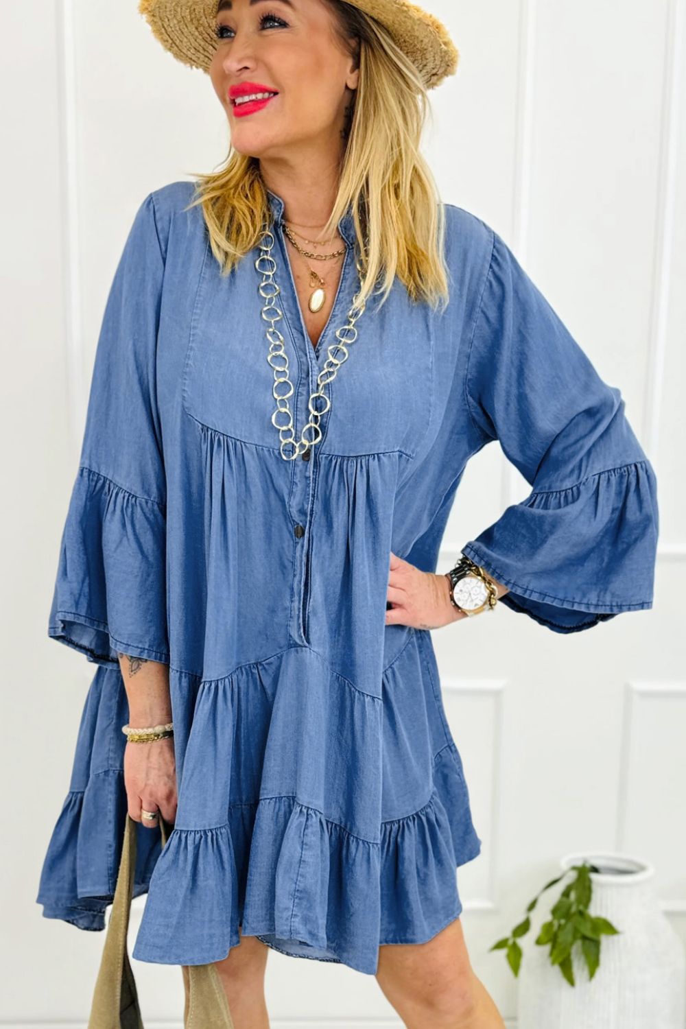 Notched Three-Quarter Sleeve Denim Dress