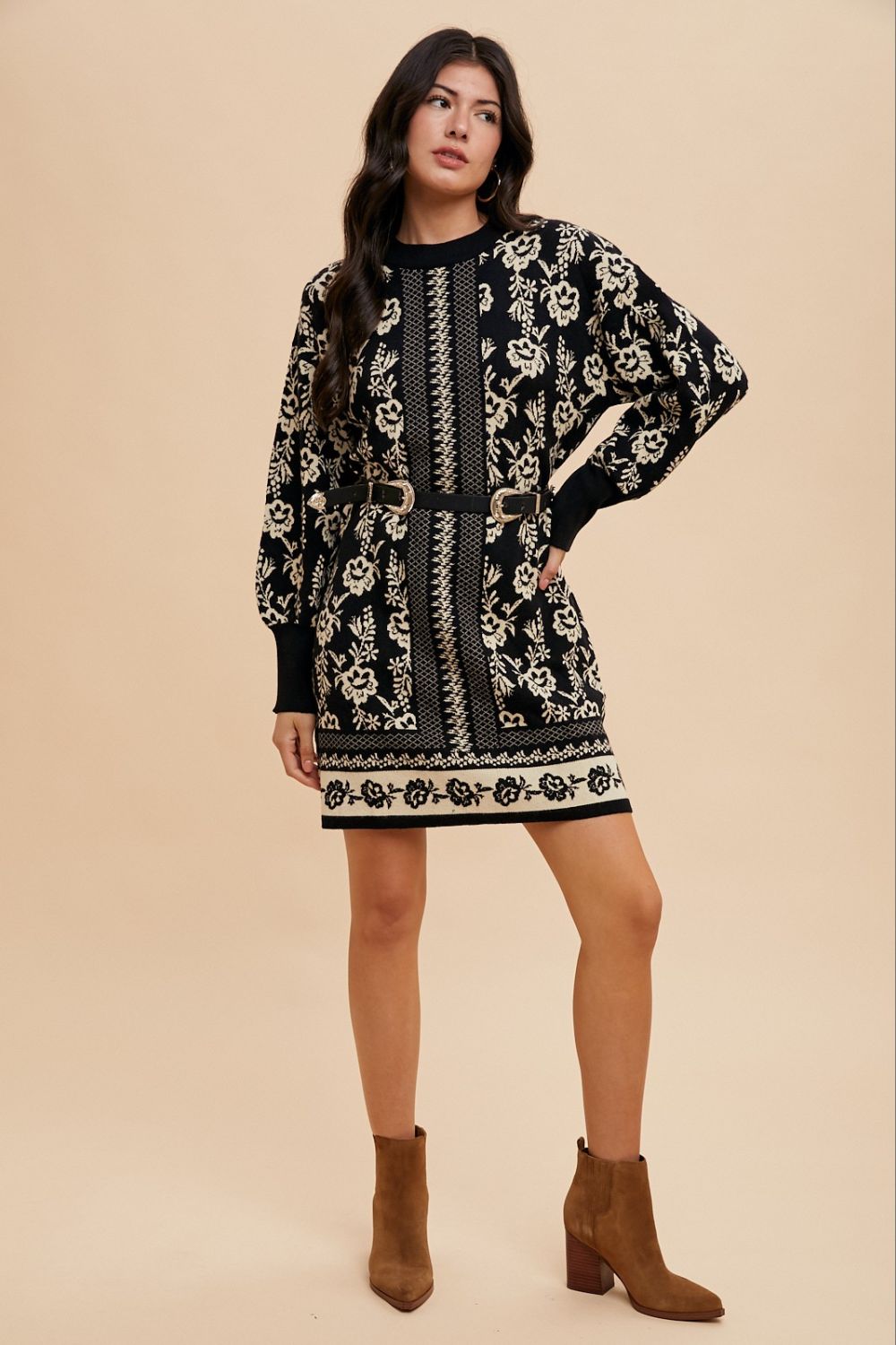 Floral Jacquard Round Neck Sweater Dress