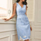 Distressed Raw Hem V-Neck Sleeveless Denim Dress