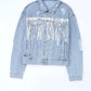 Sequin Fringe Trim Distressed Button Up Denim Jacket