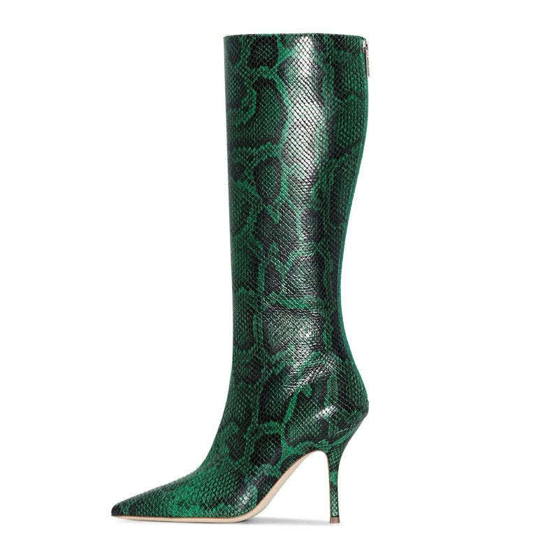 Snake Print Stiletto Knee High Boots