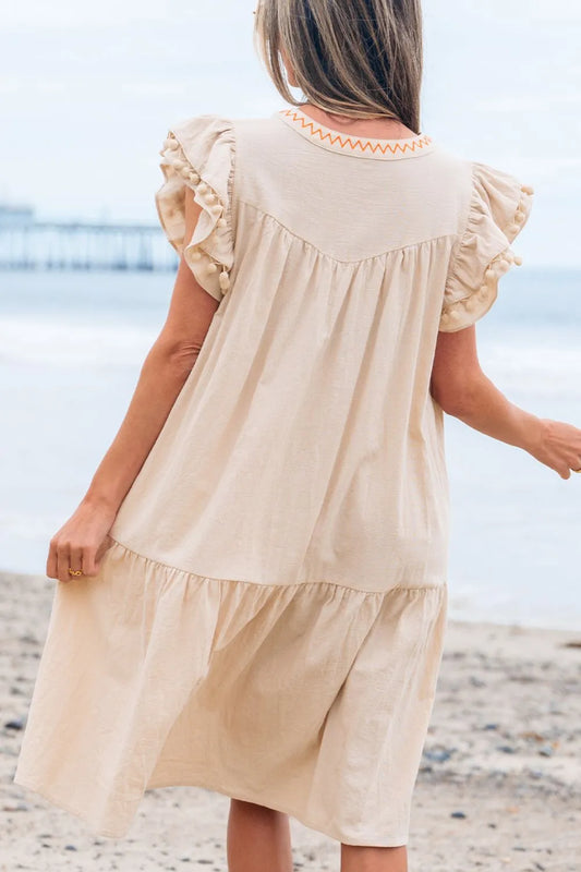 Floral Embroidery Pom Pom Ruffle Sleeves Mini Dress
