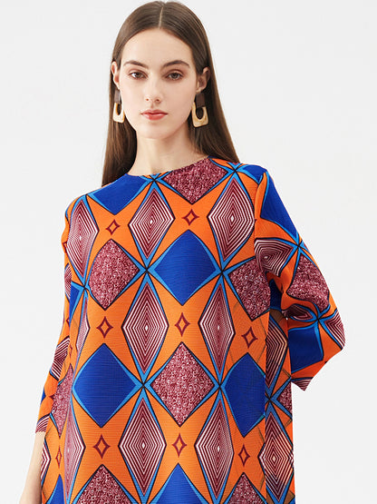 Miyake Pleated Geometric Print Midi Dress
