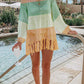 Openwork Tassel Hem Long Sleeve Knit Cover Up