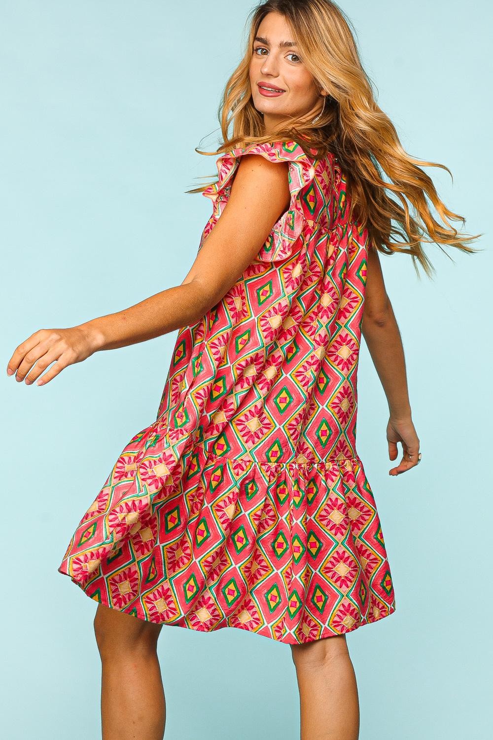 Ruffled Printed Dress with Side Pockets