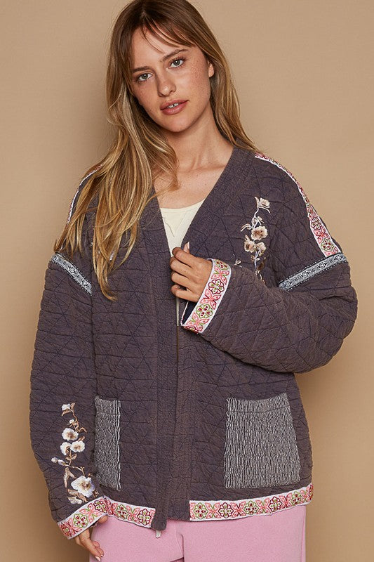 Embroidered Open Front Long Sleeve Jacket