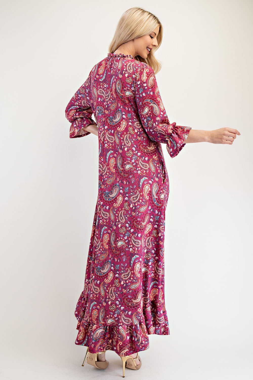 Ruffle Hem Paisley Round Neck Dress