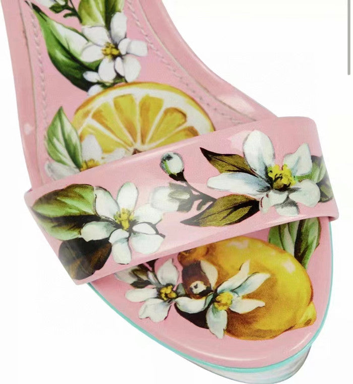 Floral Print Hoof Heel Platform Sandals