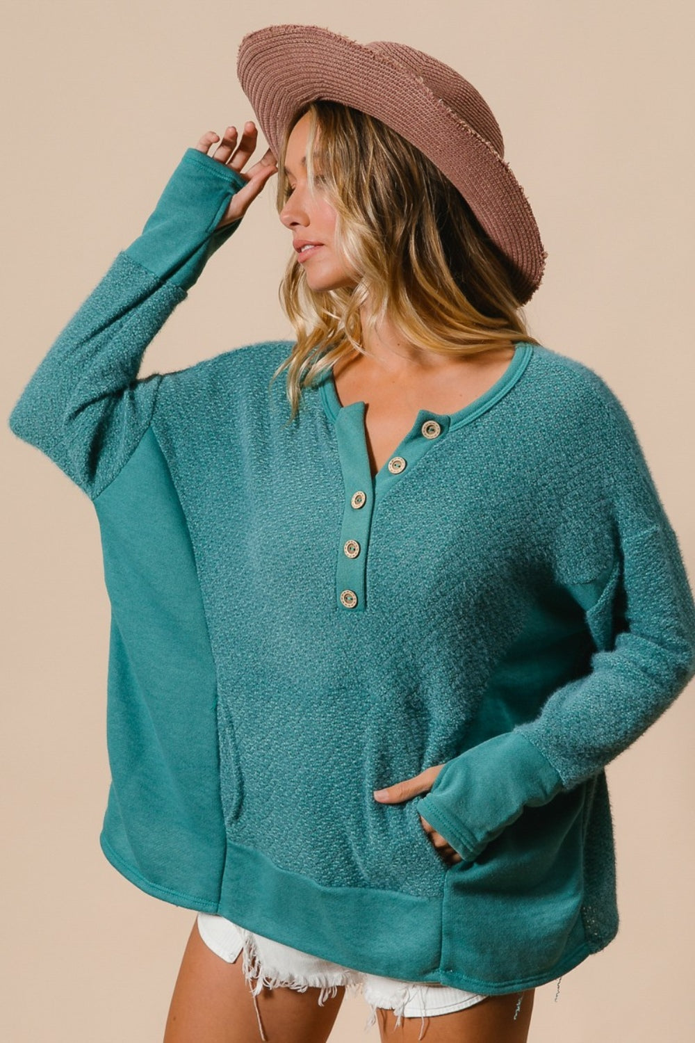 Thumb Opening Long Sleeve Top with Kangaroo Pocket