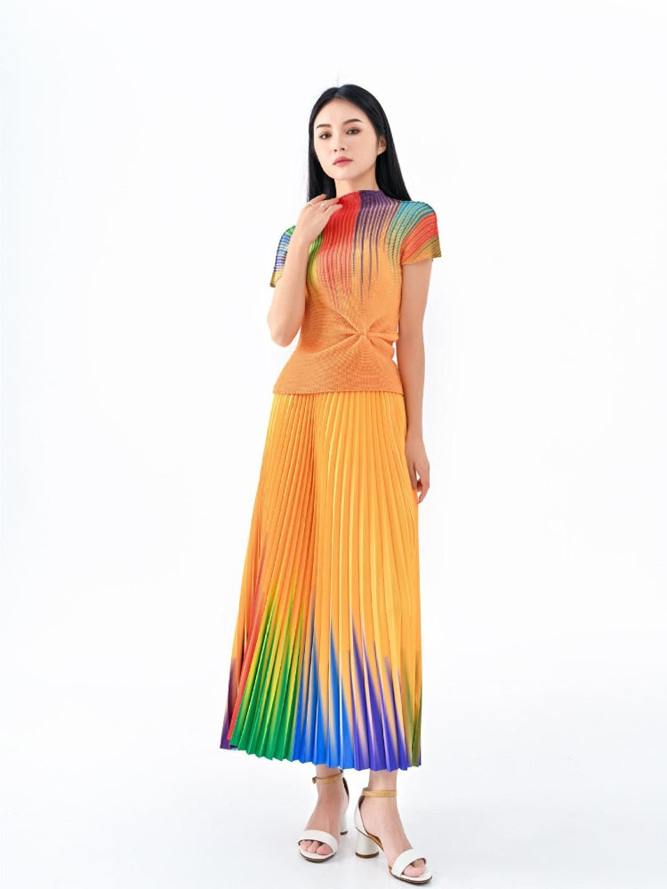Miyake Pleated Gradient T-Shirt & Long Skirt Set