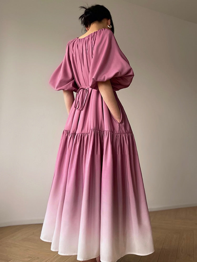 Gradient Pleated V-Neck Puff Sleeve Midi Dress