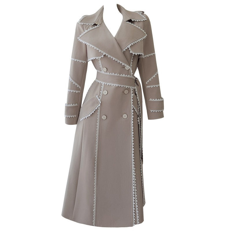 Contrast Lace Trim Double-Breasted Trench Coat
