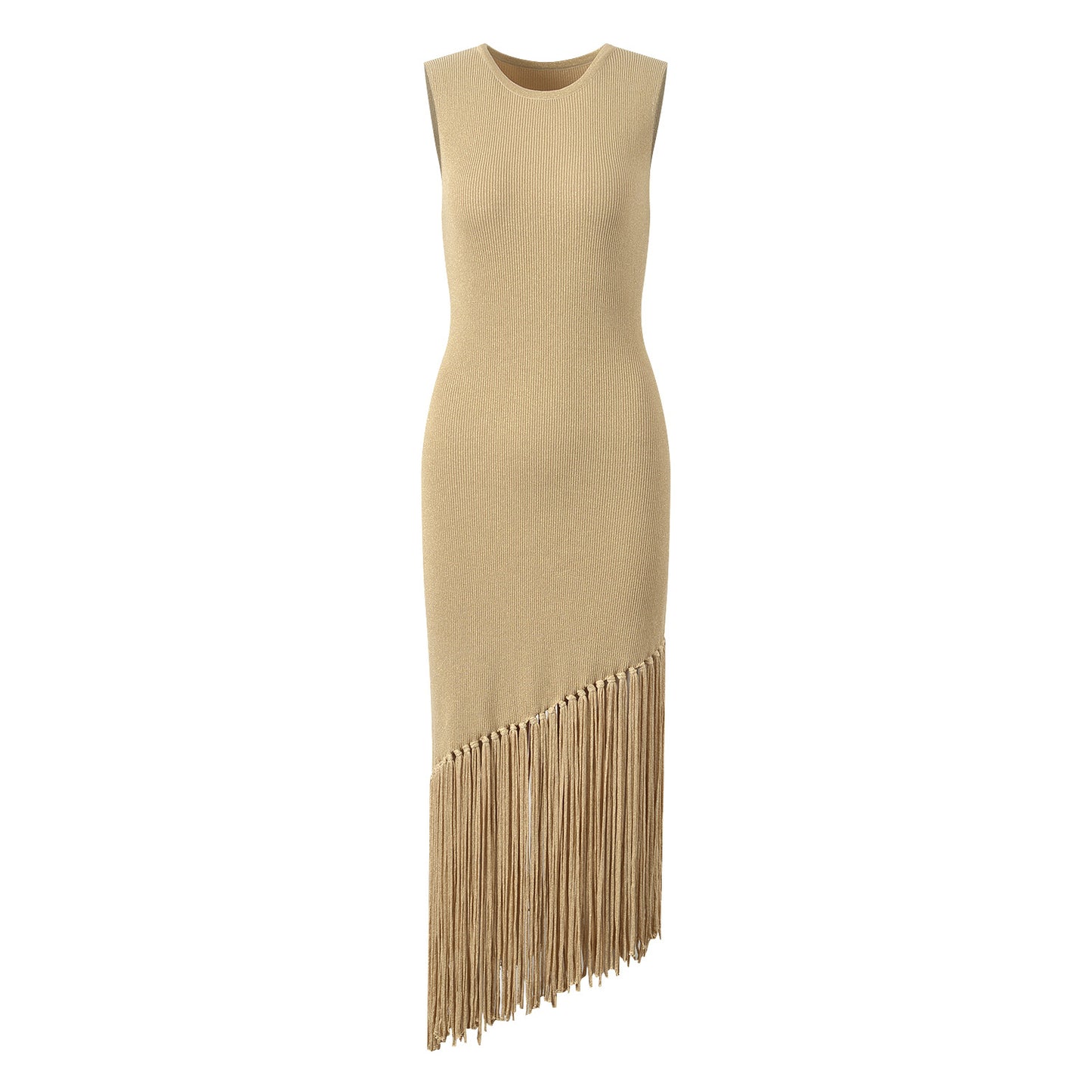 Tassel edge round neck knitted dress sleeveless fashionable wrap around long skirt