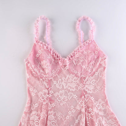 Floral Lace V-Neck Backless Night Dress