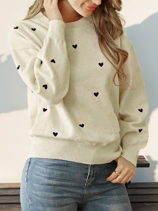 Heart Round Neck Long Sleeve Knit Top