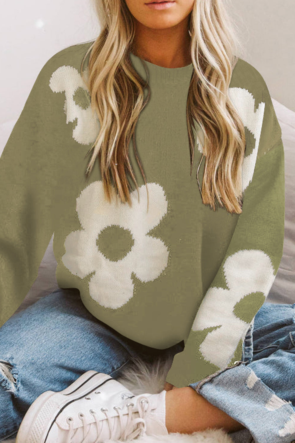 Round Neck Floral Pattern Long Sleeve Sweater