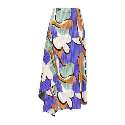 Miyake Pleated Floral Print Asymmetrical Skirt