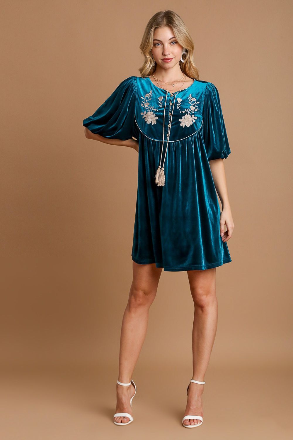 Embroidered Half Sleeve Velvet Mini Dress with Tassel