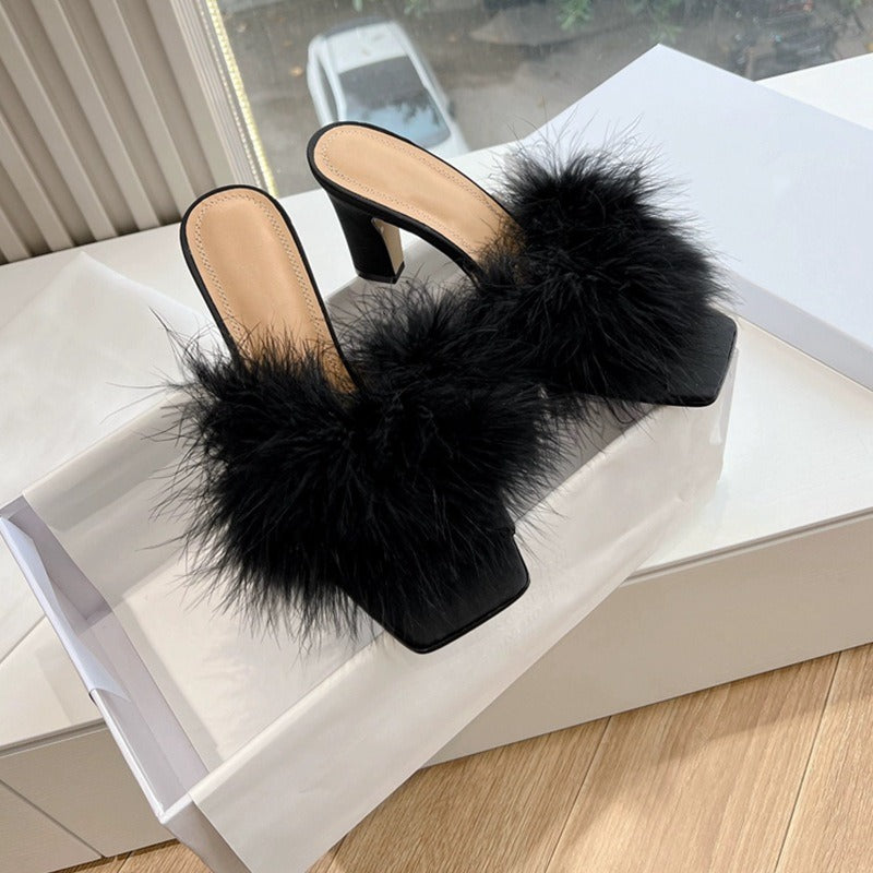 Open toed thick heeled camel hair high heeled fur half slippers