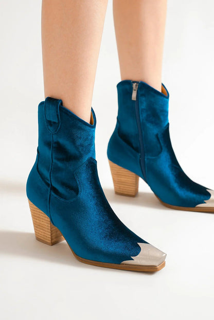 Velvet Block Heel Boots with Side Zippers