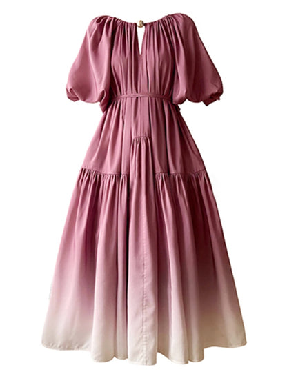 Gradient Pleated V-Neck Puff Sleeve Midi Dress