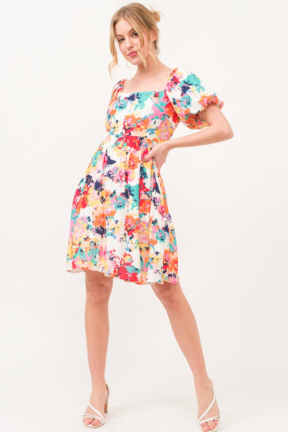 Square Neck Puff Sleeve Floral Dress