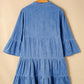 Notched Three-Quarter Sleeve Denim Dress