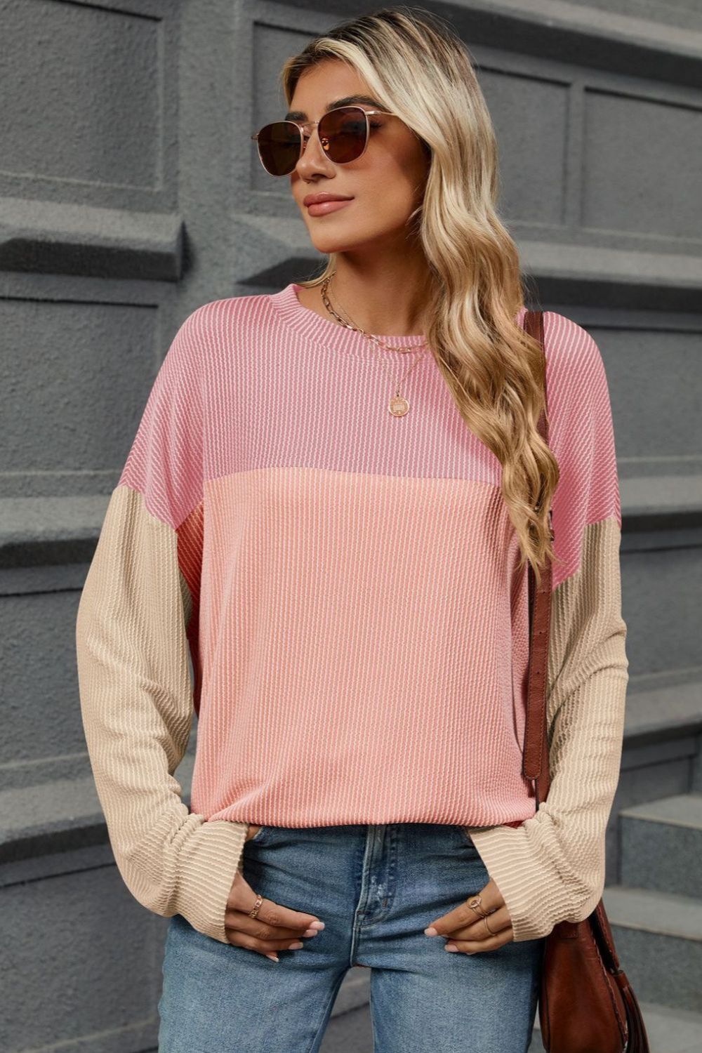 Contrast Round Neck Long Sleeve T-Shirt