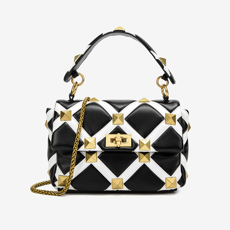 Plaid Studded One-Shoulder Messenger Handbag