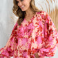 Ruffle V-Neck Decor Button Floral Blouse