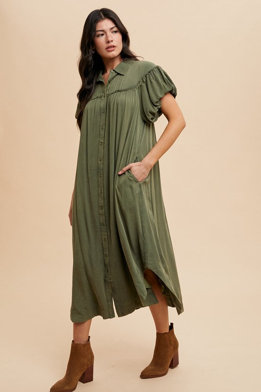 Mineral Washed Button Down Puff Sleeve Shirt Dress