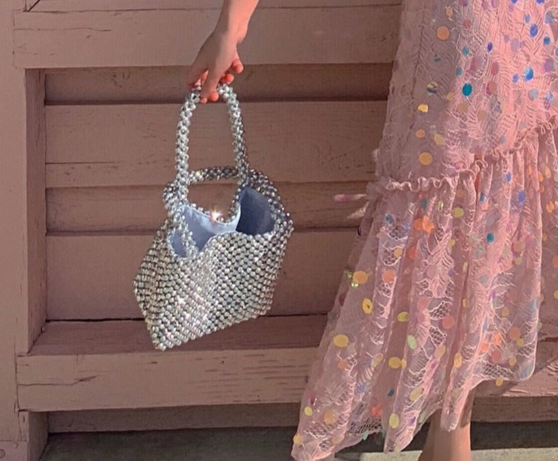 Silver Pearl Beaded Tote Bag