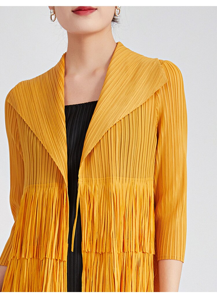 Miyake Pleated Open Front Tassels Layered Trench Coat