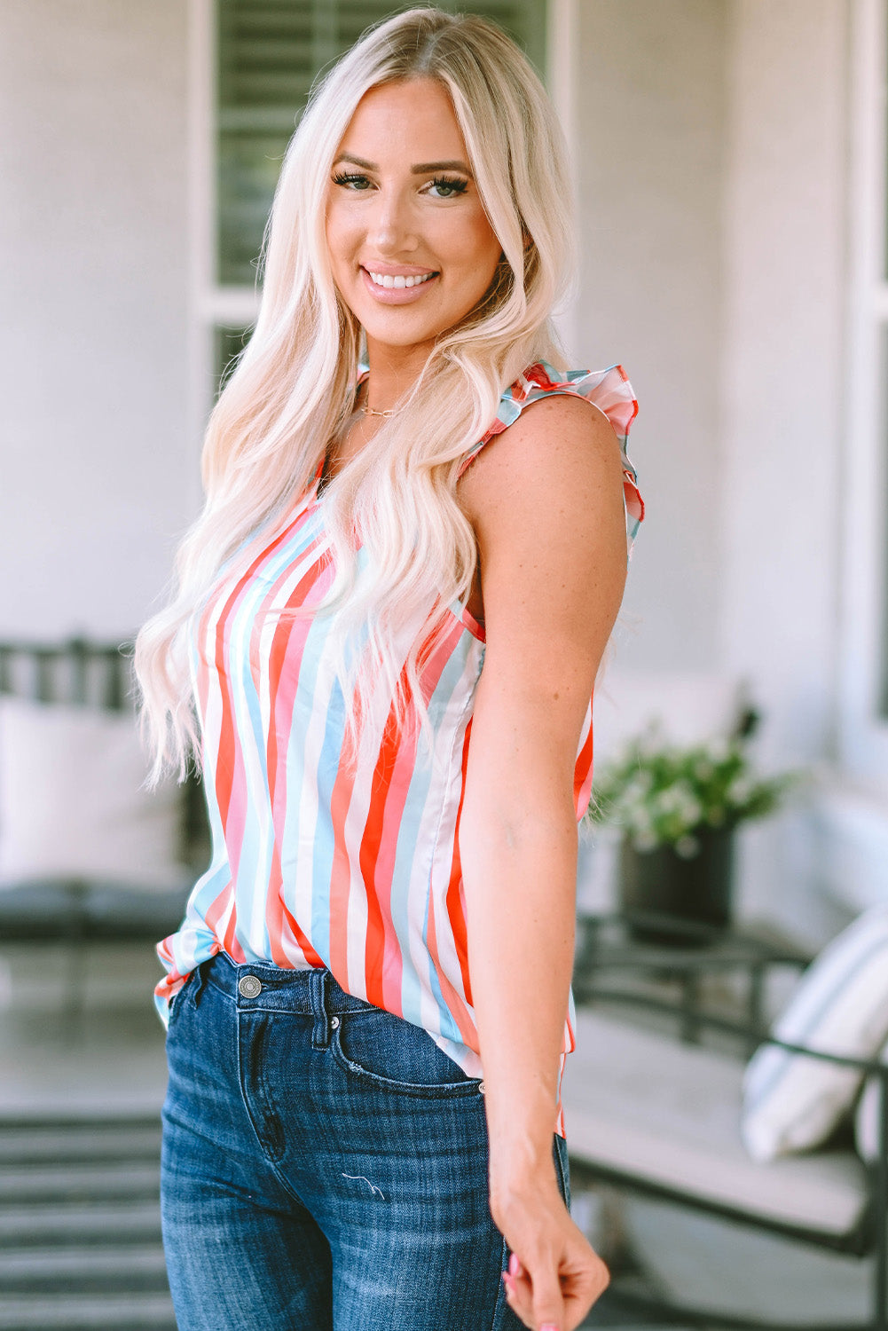 Striped Shoulder Detail V-Neck Tank Top