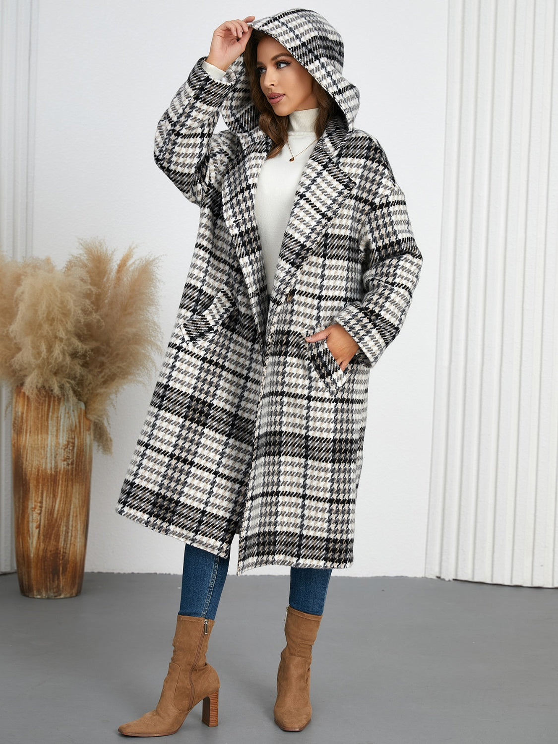 Plaid Double-Breasted Long Sleeve Longline Coat