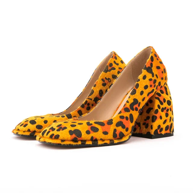 Leopard Square Toe Block Heel Shoes